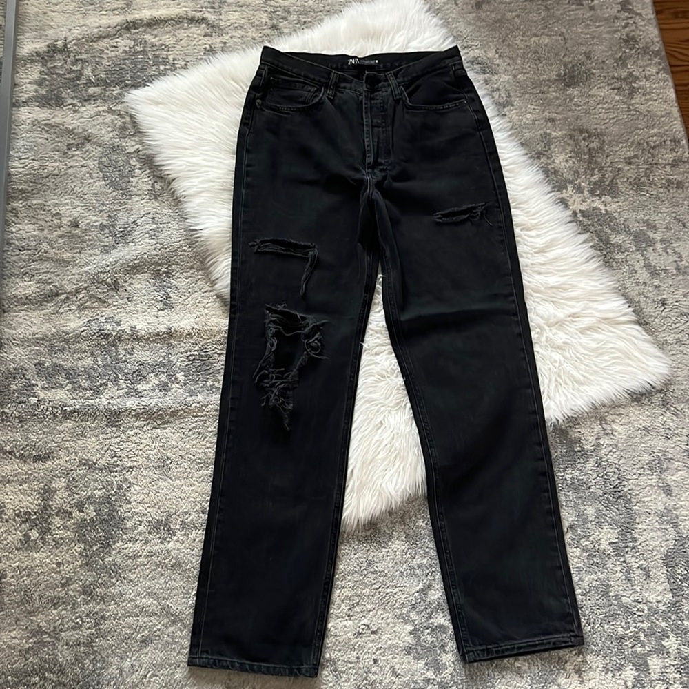 Zara black high rise distressed jeans
